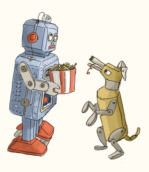 robot_and_dog_begging_for_what_is_in_bucket