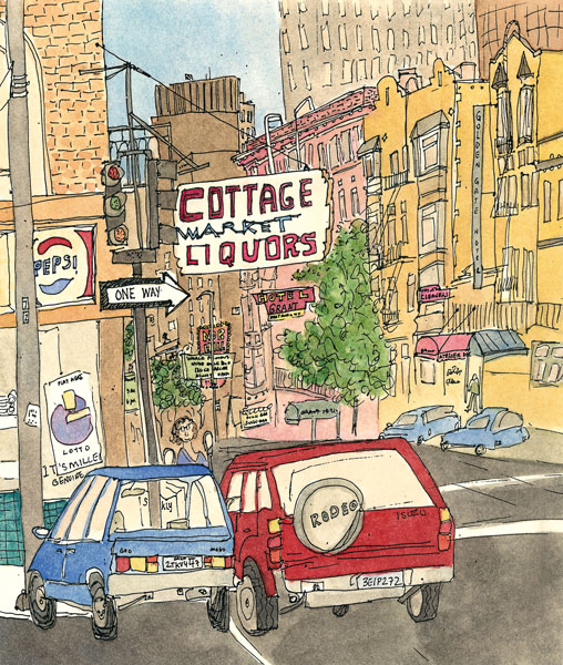 San_Francisco_pen_and_ink_watercolor_street_scene_cottage_market_liquors