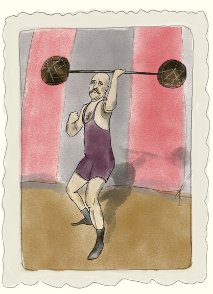 illustration of vintage photo of circus strongman with handlebar mustache lifting barbell