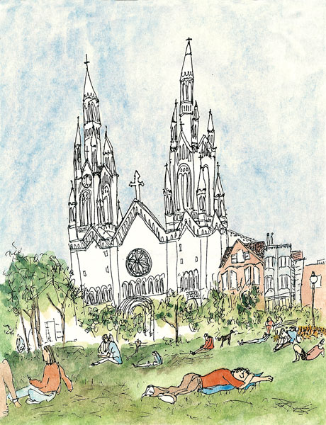 st_peter_pauls_San_Francisco_pen_and_ink_watercolor_street_scene_North_Beach